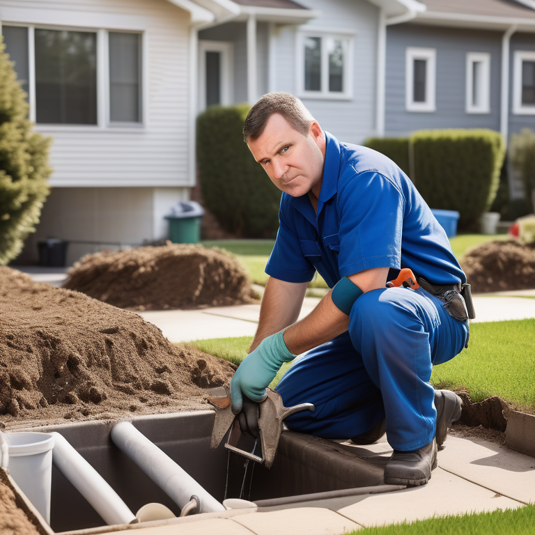 Professional plumber using tools to clear a blocked sewer pipe in a sunny suburban neighborhood.