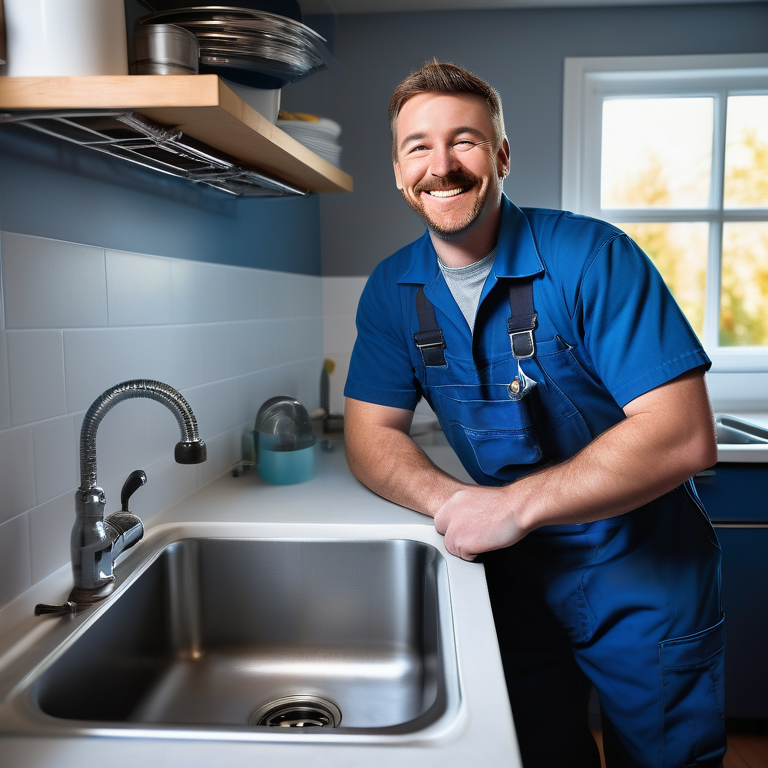 Confident plumber with wrench standing in a tidy kitchen, showcasing a repaired sink.