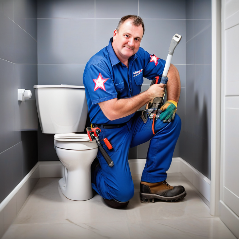 A professional plumber from Five Star Plumbing efficiently working on a clogged toilet.