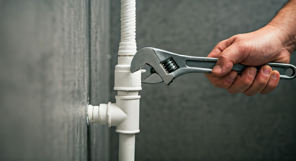 Close-up of a plumber tightening a white PVC pipe fitting.